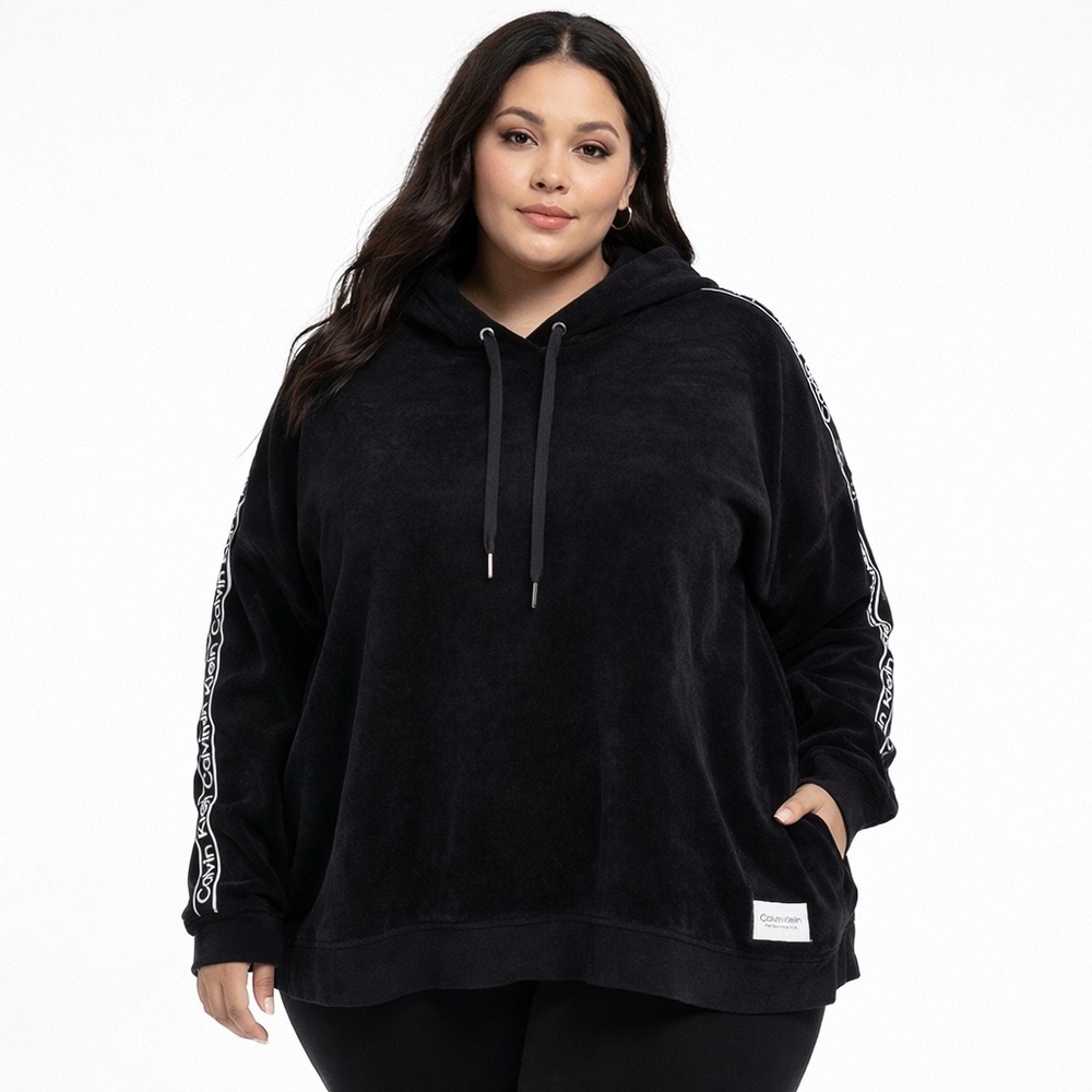 Calvin Klein Performance Velour Hoodie Black Tape Logo Size 3X Plus
